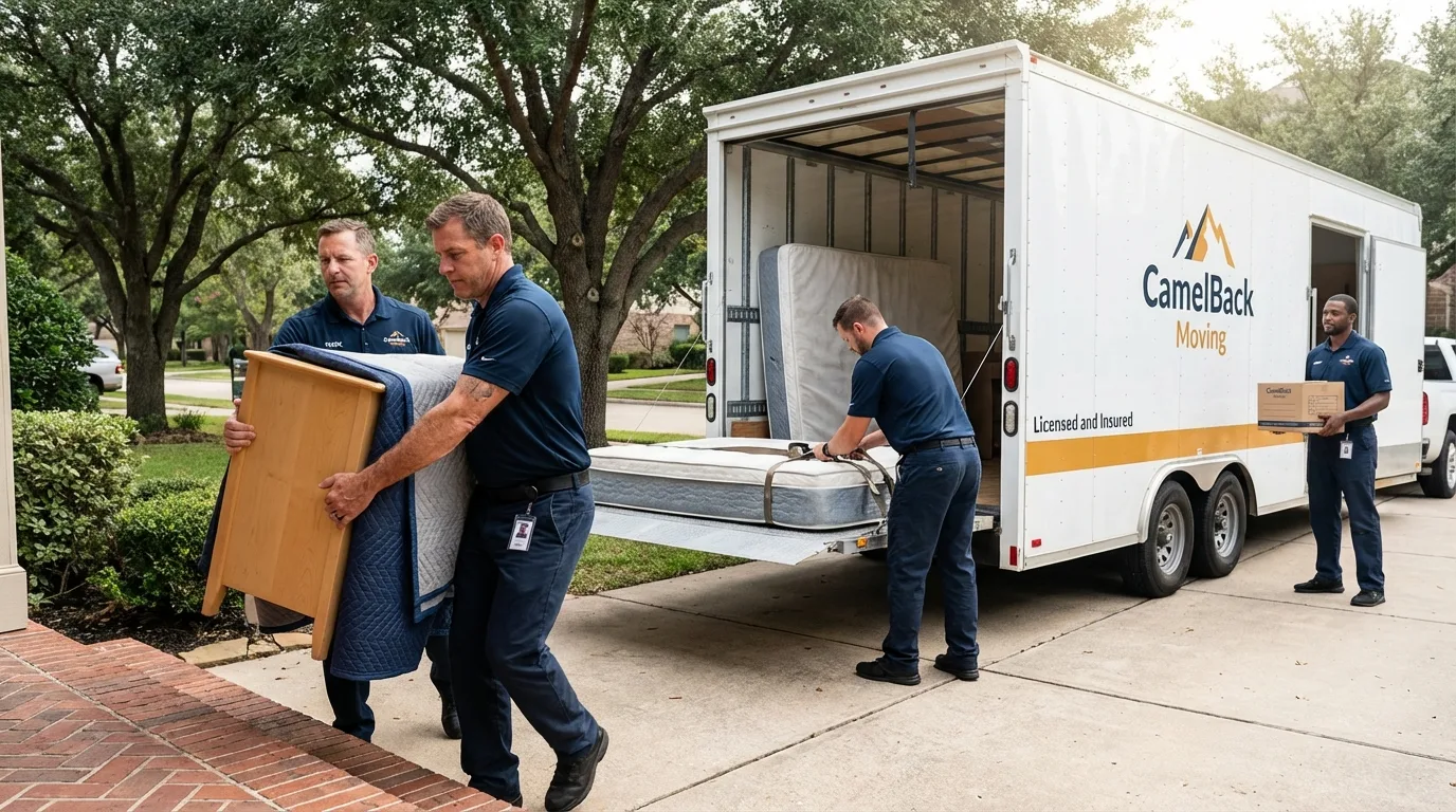 Crew loading residential truck for cross-state move from Eastland, TX