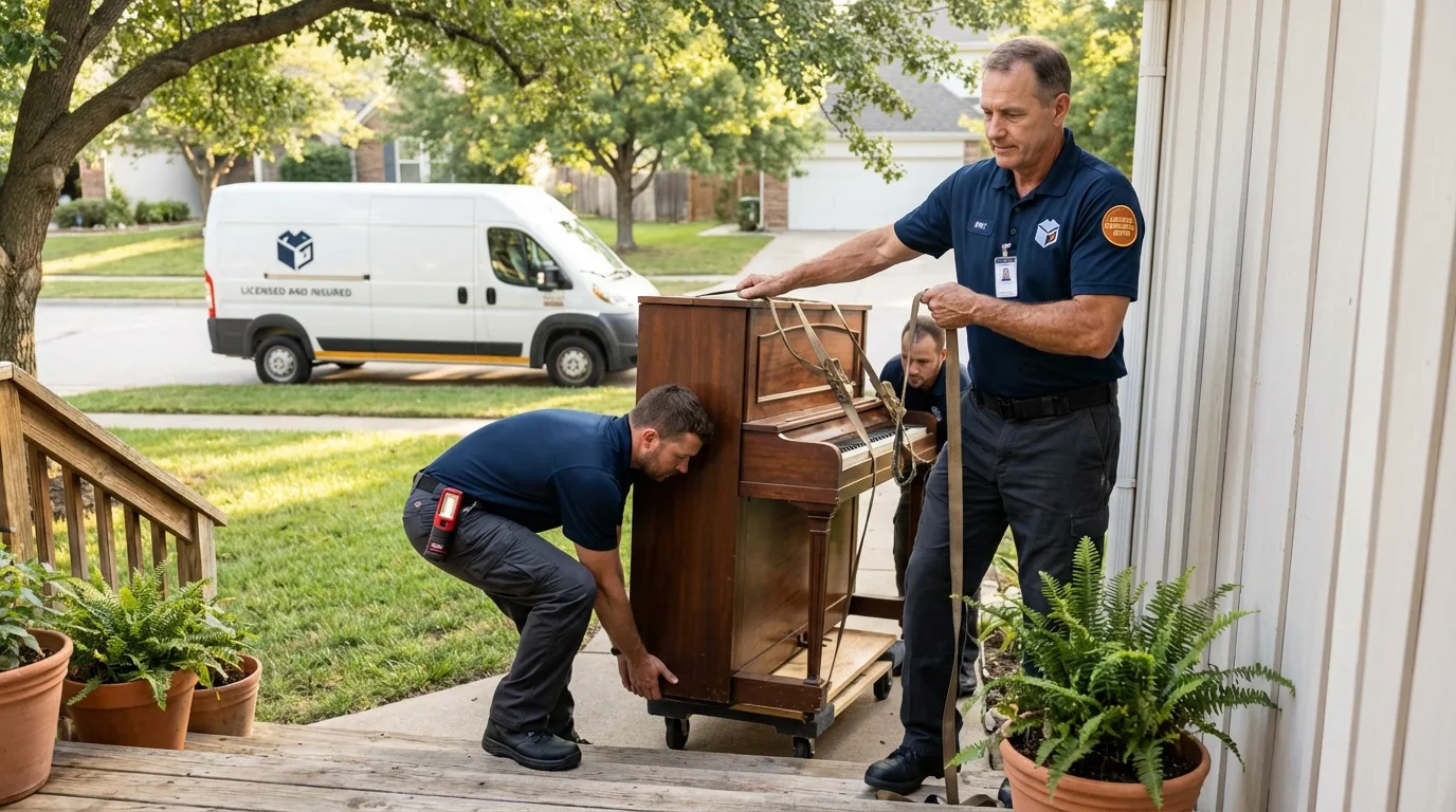 Licensed piano movers securing grand piano in Eastland, TX