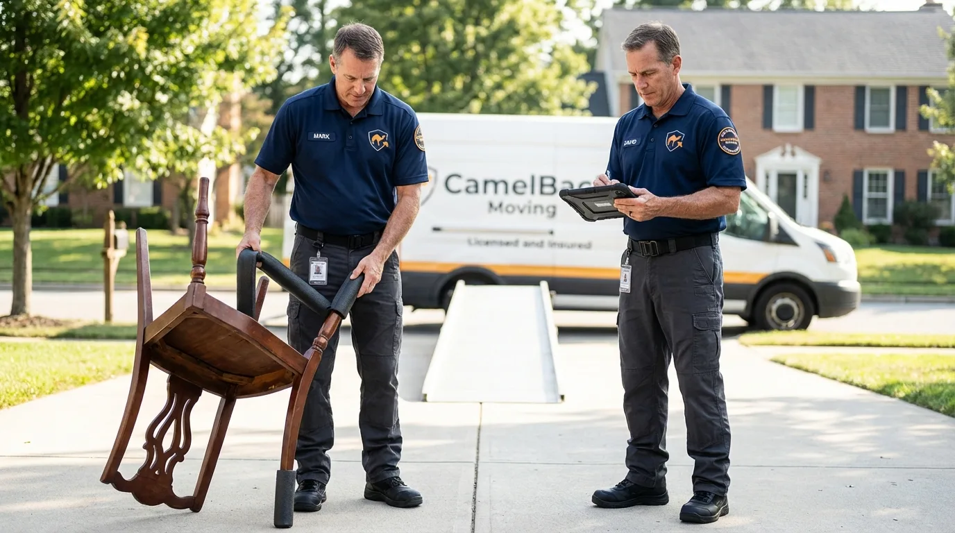 Movers inspecting furniture for damage prevention before loading in Eastland, TX