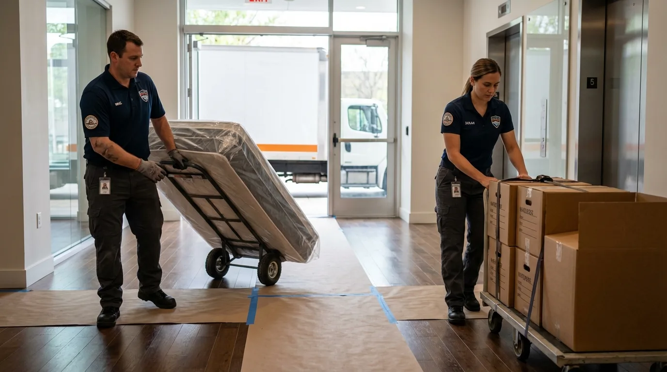 Professional apartment movers loading elevator in Eastland, TX
