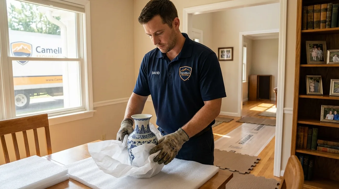 Professional crew carefully wrapping antique vase for senior downsizing move in Eastland, TX